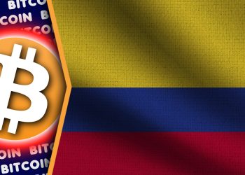 Colombia Realistic Wavy Flag, Bitcoin Logo and Titles, Circle Neon Effect Fabric Texture 3D Illustration