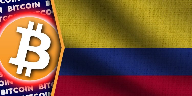 Colombia Realistic Wavy Flag, Bitcoin Logo and Titles, Circle Neon Effect Fabric Texture 3D Illustration