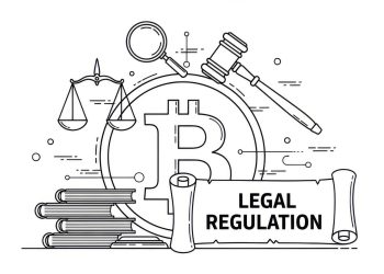 An illustrative vector depicting the intricate legal and regulatory landscape surrounding Bitcoin and cryptocurrencies. It highlights the balance of justice, investigative scrutiny, and foundational