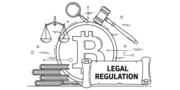 An illustrative vector depicting the intricate legal and regulatory landscape surrounding Bitcoin and cryptocurrencies. It highlights the balance of justice, investigative scrutiny, and foundational