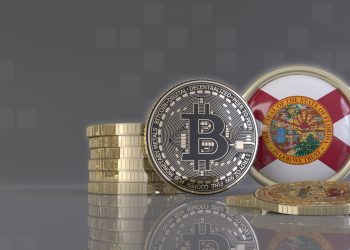 3d rendering of some metallic Bitcoins in front of an badge with the flag of Florida State USA