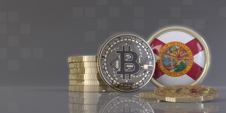 Florida Advances Proposal for Standalone Bitcoin Reserve Ahead of 2026 Session缩略图 3d rendering of some metallic Bitcoins in front of an badge with the flag of Florida State USA