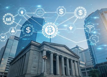 Classical bank building overlaid with cryptocurrency and blockchain network icons, including Bitcoin, dollar signs, and digital wallet symbols in urban skyline.