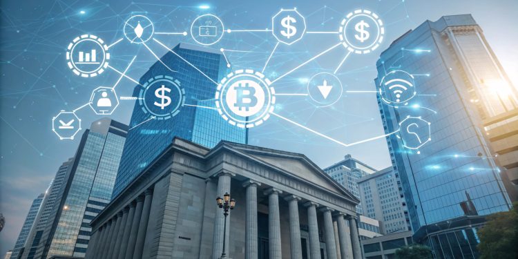 Classical bank building overlaid with cryptocurrency and blockchain network icons, including Bitcoin, dollar signs, and digital wallet symbols in urban skyline.