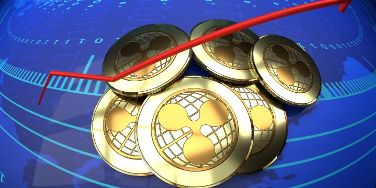 Ripple currency market value rising chart, close up, blue digital background