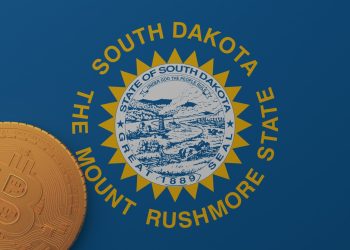 Gold Bitcoin in the Bottom Left Corner on the US State Flag of South Dakota