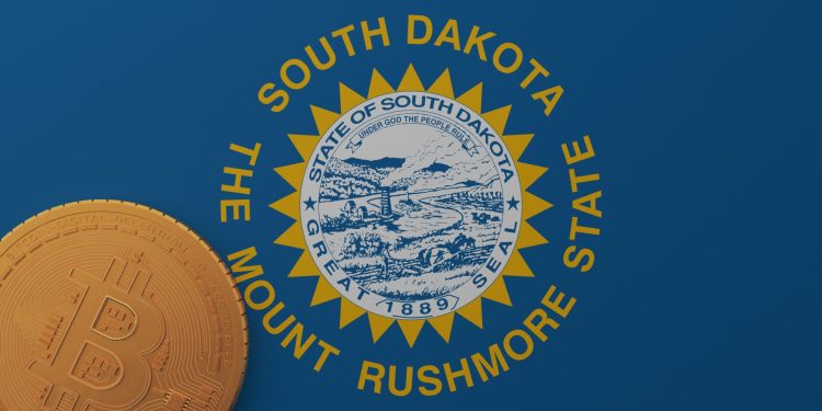 Gold Bitcoin in the Bottom Left Corner on the US State Flag of South Dakota