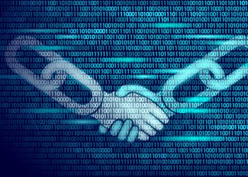 Blockchain technology agreement handshake business concept low poly. Icon sign symbol binary code numbers design. Hands chain link internet hyperlink connection blue vector illustration art