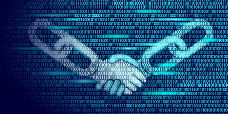 Blockchain technology agreement handshake business concept low poly. Icon sign symbol binary code numbers design. Hands chain link internet hyperlink connection blue vector illustration art