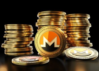 Monero with group of coins on the black background. Decentralized digital cryptocurrency symbol. 3D illustration.