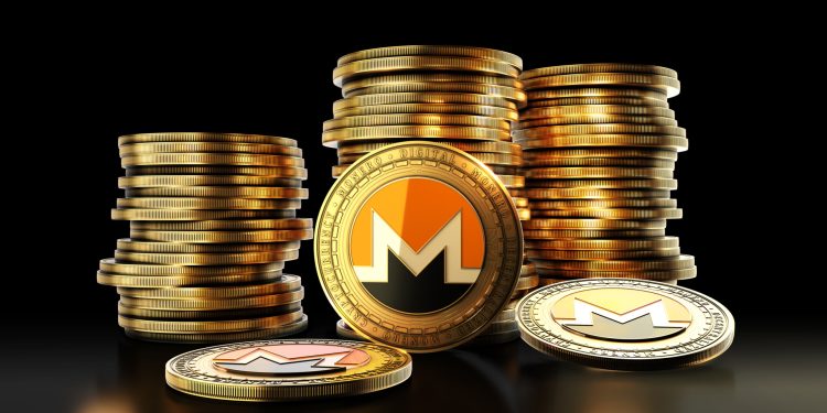 Monero with group of coins on the black background. Decentralized digital cryptocurrency symbol. 3D illustration.