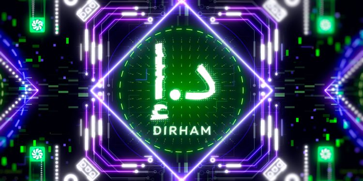 United arab emirates money symbol. Dirham currency sign on futuristic background