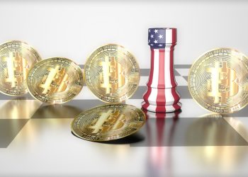 3D crypto money bitcoin and America castle in chess