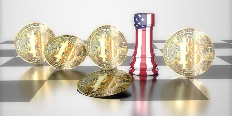 3D crypto money bitcoin and America castle in chess