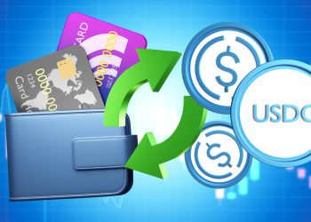 UCDC technology. Crypto money USDC. Credit cards in wallet. Exchange dollars for USDC. Buying USD coin via bank card. Wallet and blue investment graph. USDC money technology. Stable coin. 3d image.