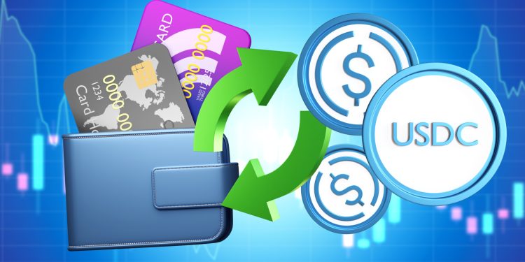 UCDC technology. Crypto money USDC. Credit cards in wallet. Exchange dollars for USDC. Buying USD coin via bank card. Wallet and blue investment graph. USDC money technology. Stable coin. 3d image.