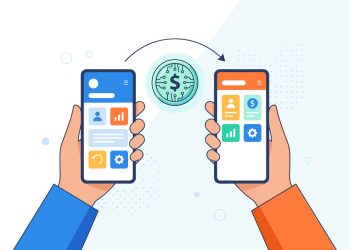 Smartphone mobile payment. Hands holding phones exchanging digital coin. Peer to peer transaction. Fintech banking app. Wireless crypto technology. Electronic wallet business