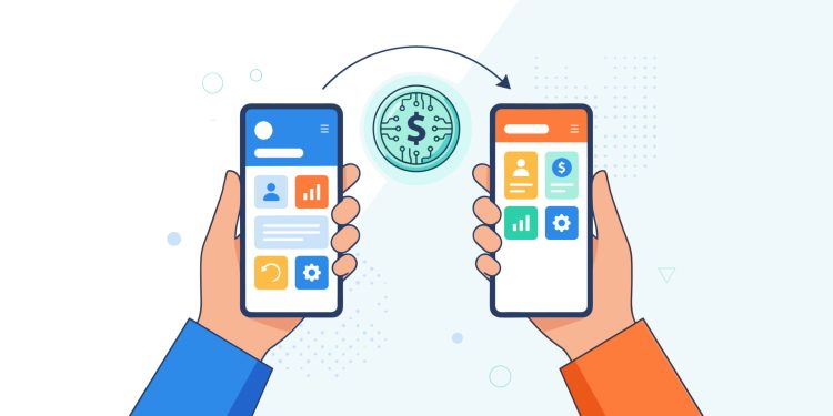 Smartphone mobile payment. Hands holding phones exchanging digital coin. Peer to peer transaction. Fintech banking app. Wireless crypto technology. Electronic wallet business