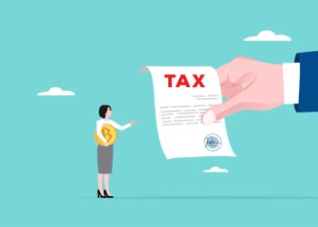 Crypto currency tax burden, businesswoman investor holding bitcoin surprised by government hand issue tax bill concept vector illustration