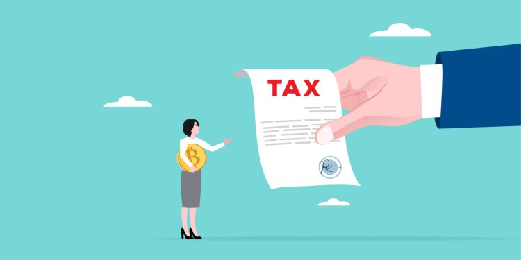 Crypto currency tax burden, businesswoman investor holding bitcoin surprised by government hand issue tax bill concept vector illustration