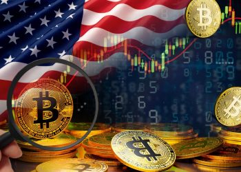 Bitcoin, the American flag, economic data charts. Illustrating the volatility of the cryptocurrency market.
