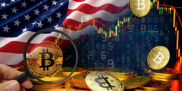 Bitcoin, the American flag, economic data charts. Illustrating the volatility of the cryptocurrency market.