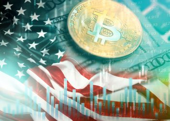 Bitcoin coin floats over an American flag and stock market data shows financial trends