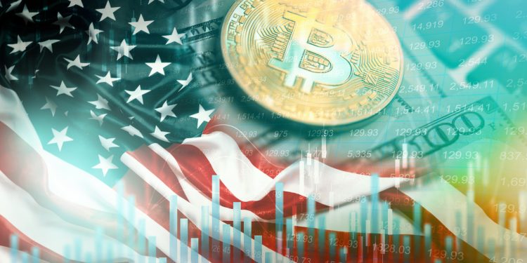 Bitcoin coin floats over an American flag and stock market data shows financial trends