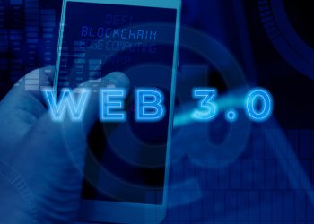 Design with "Web 3.0" text projected onto the background. Digital communication and virtual technology concept representing the future of the Internet