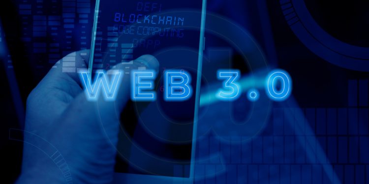 Design with "Web 3.0" text projected onto the background. Digital communication and virtual technology concept representing the future of the Internet