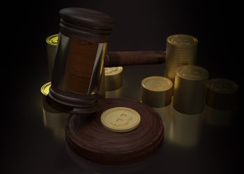 hammer wood and bitcoin for cryptocurrency law content 3d rendering