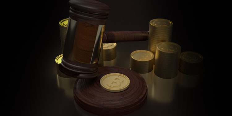 hammer wood and bitcoin for cryptocurrency law content 3d rendering